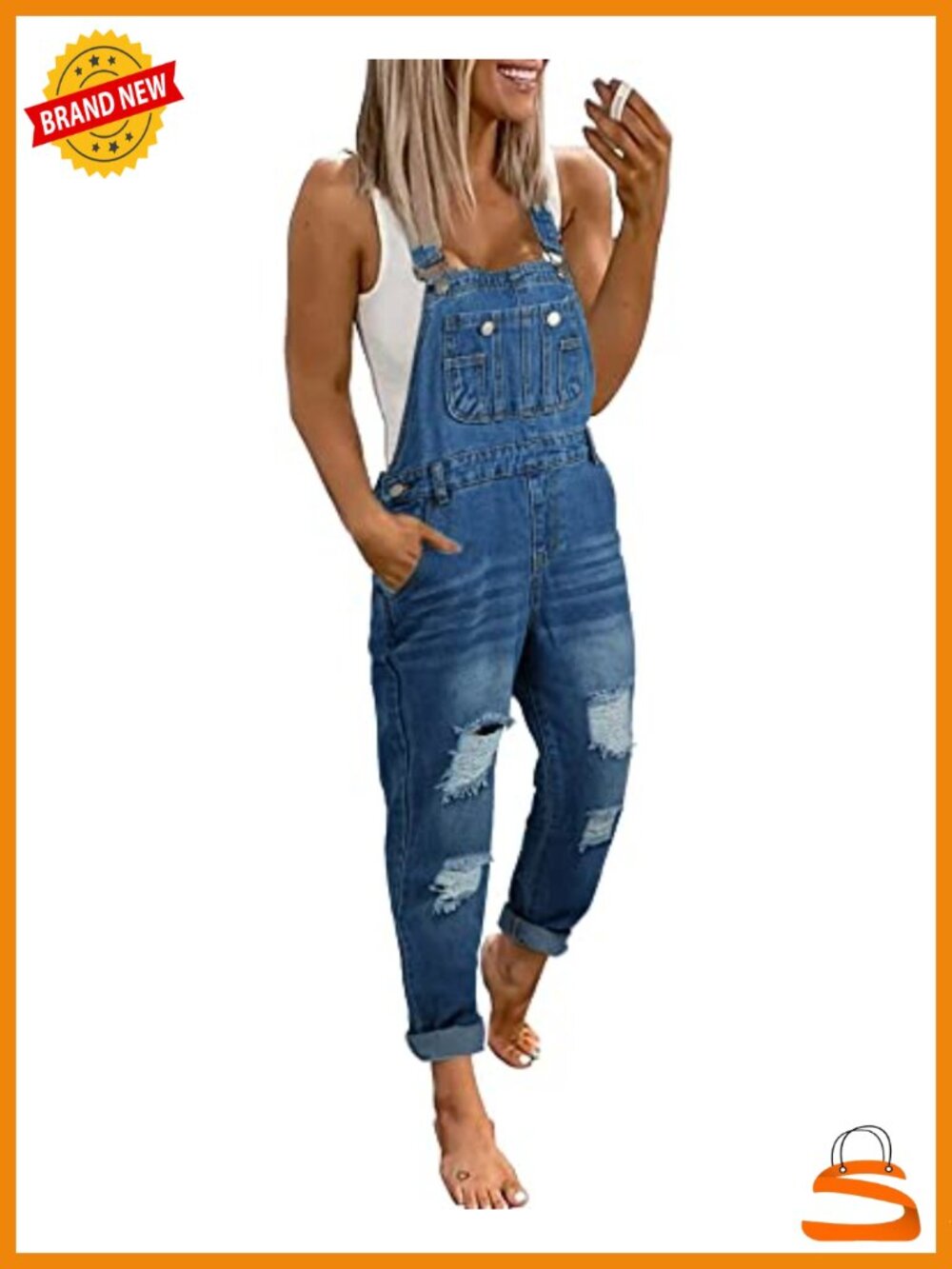 Women's Denim Bib Overalls Adjustable Straps Ripped Distressed
